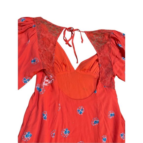 🌺NEW Free People Mockingbird Coral Red Floral Print Backless Mini Dress Sz 6 - Picture 11 of 14